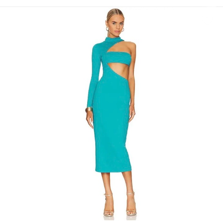 New Revolve Nbd Amaia Midi Dress Cutout Bodycon Mock Turtleneck Turquoise Size L